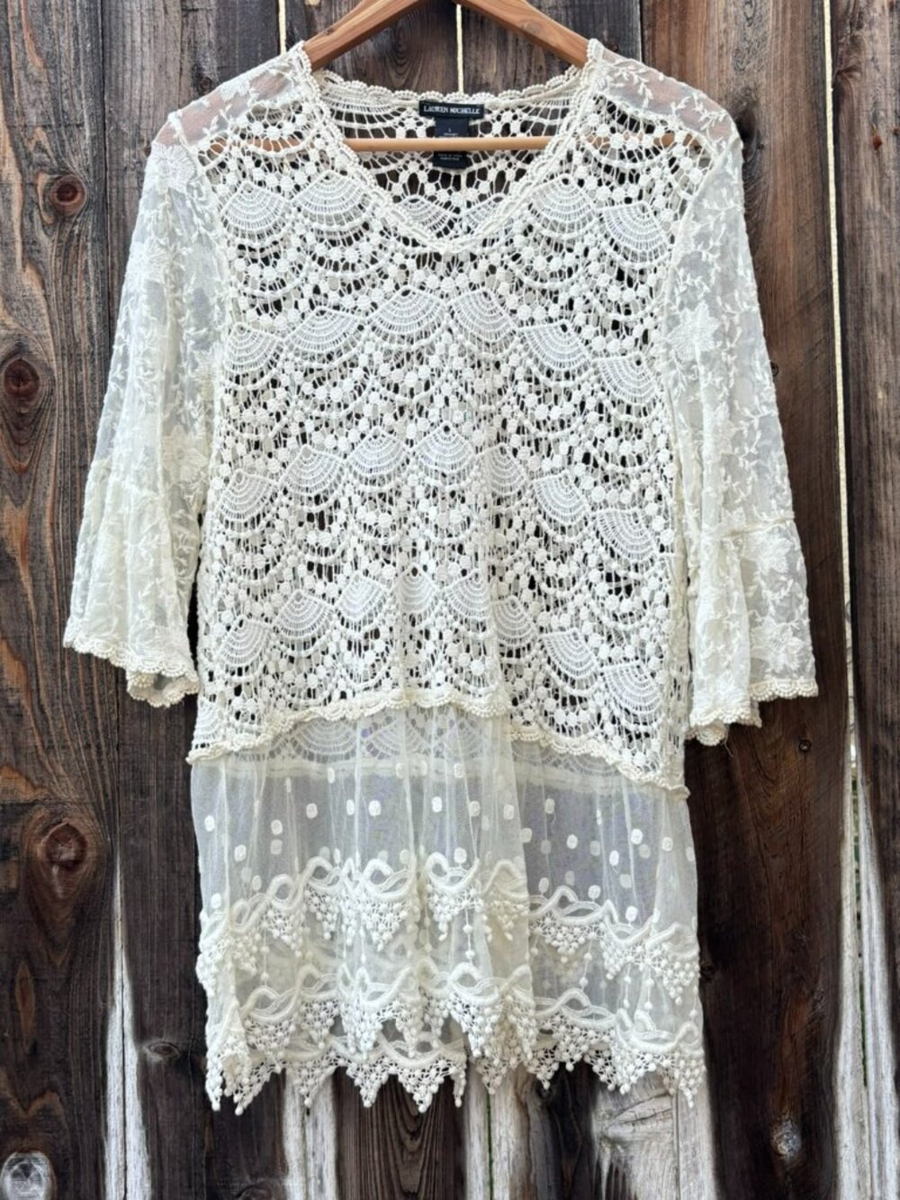 Lauren Michelle Crochet Lace Mesh Boho Blouse Top Large